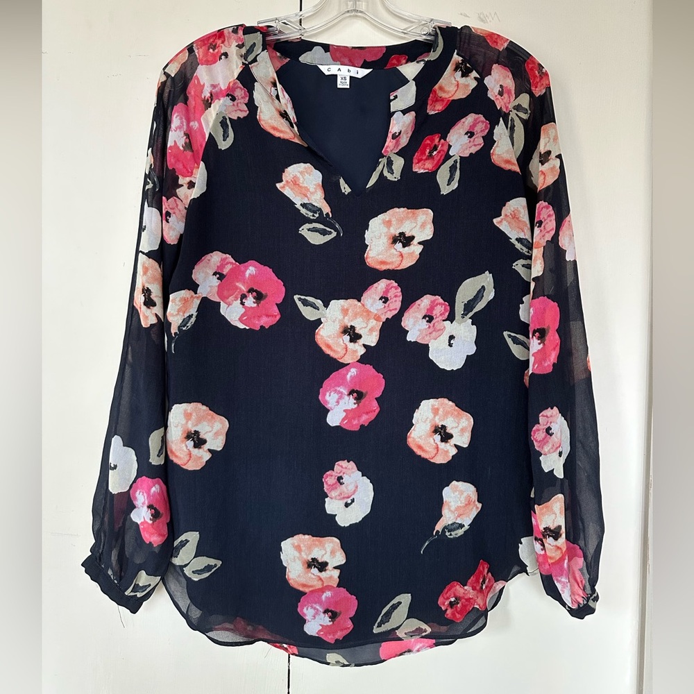 CAbi Navy Blue Floral Long Sleeve Blouse with Pink and White Flowers